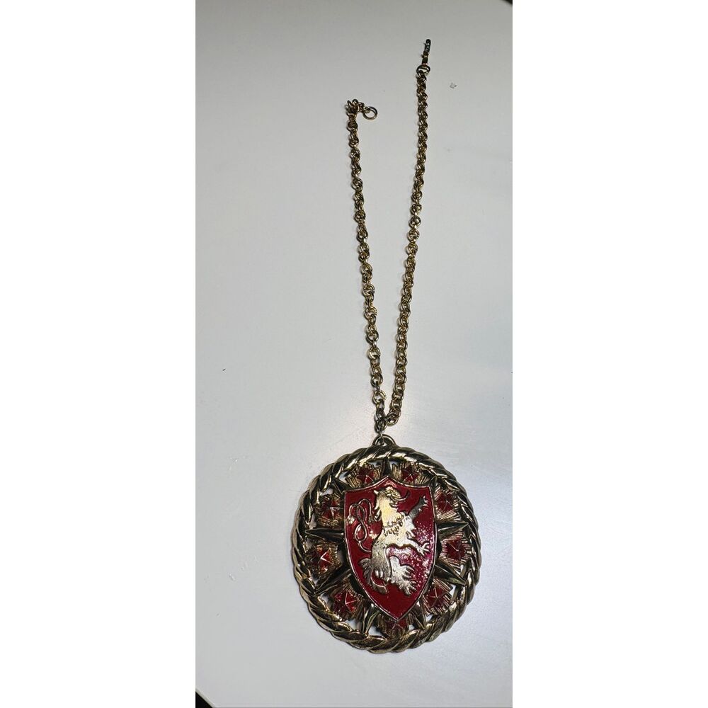Vintage Heraldic Lion Crest Shield Pendant Necklace Red Enamel Gold Tone